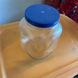 Vintage HAZEL ATLAS Glass Hoosier Pantry Canister Jar w/ Blue Metal Lid